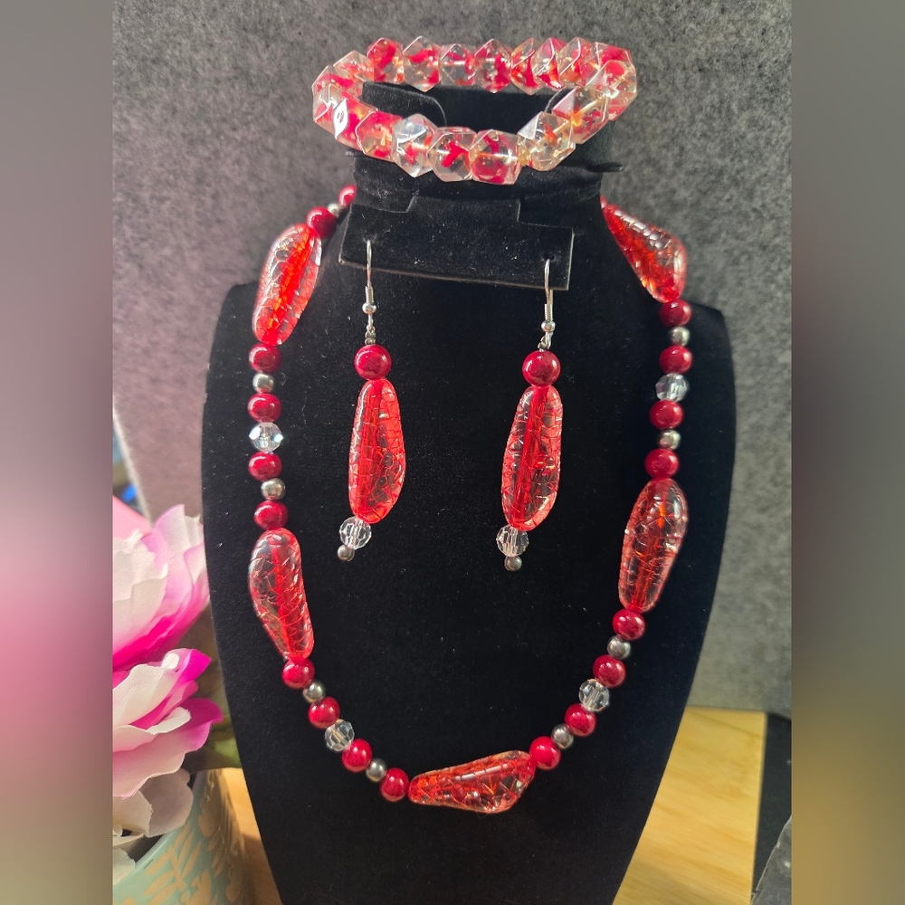 Red and Silver Jewelry Set with Clear Bead Accents